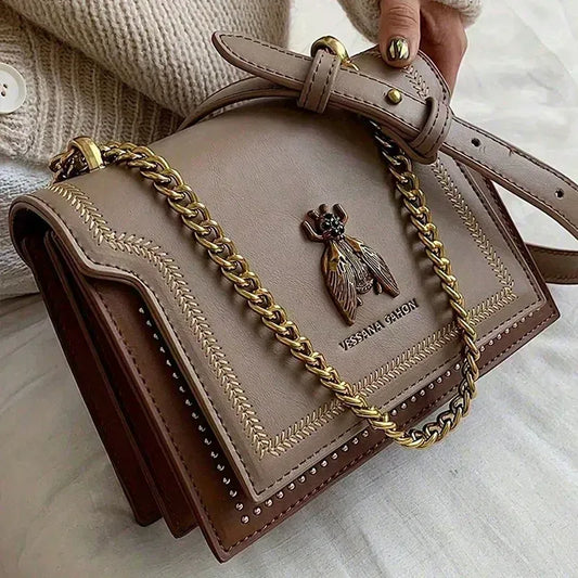 Elegant Vintage Bee patched, Chain Strap Crossbody Bag