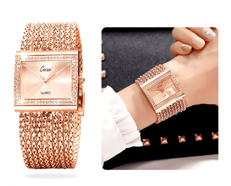 💥Ladies Rhinestone Quartz Square Watch