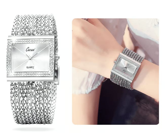 💥Ladies Rhinestone Quartz Square Watch