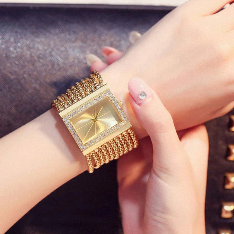 💥Ladies Rhinestone Quartz Square Watch