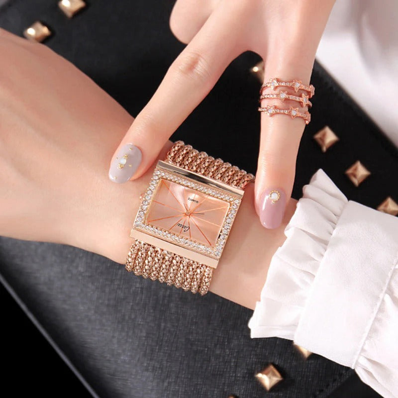 💥Ladies Rhinestone Quartz Square Watch