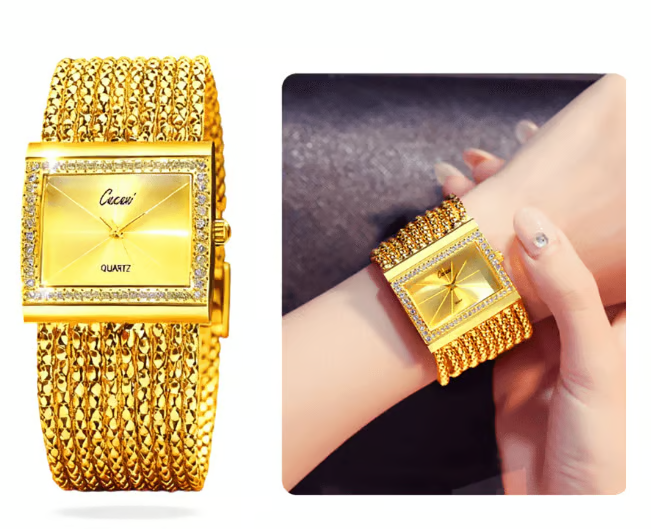 💥Ladies Rhinestone Quartz Square Watch